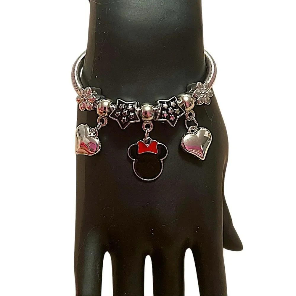 🤯5/$25🤯 Black Minnie Mouse Heart Stretchy Silver Tone Charm Bracelet